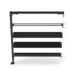 The Wing Storage Mixed Set from the Vanta Series by SMAI is a modular system that mounts on a wall, featuring four horizontal, cylindrical bars for versatile gear storage. This predominantly black structure offers various attachment points along the edges.