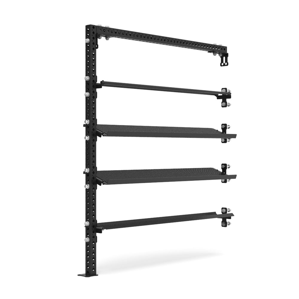 The Wing Storage Mixed Set from the Vanta Series by SMAI is a black wall-mounted storage solution featuring four horizontal arms that are ideal for gym or athletic equipment. This modular system provides multiple adjustable mounting points, creating an elegant gear storage wing against the white background.