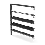 The Wing Storage Mixed Set - Vanta Series by SMAI features a metal frame with four horizontal black roller bars, reminiscent of an industrial or mechanical gear storage unit. Its open, modular design highlights its functionality.