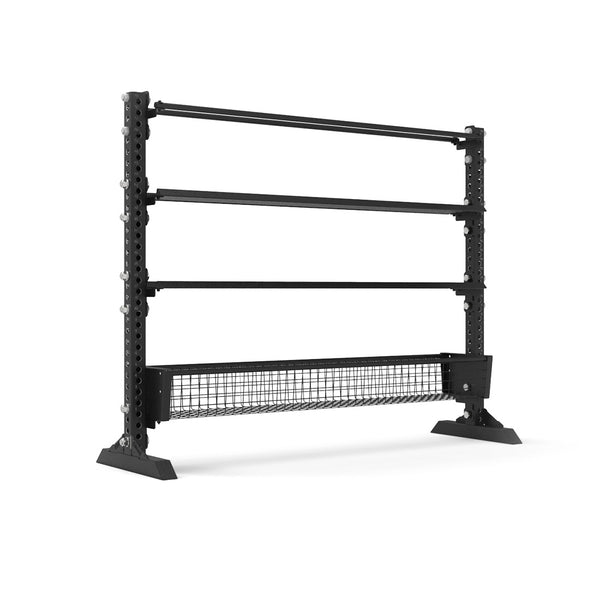 The SMAI 1.7m Multi Storage Shelf - Vanta Series is a black metal rack featuring three horizontal bars and a mesh wire basket at the bottom, ideal for organizing gym accessories and exercise equipment.
