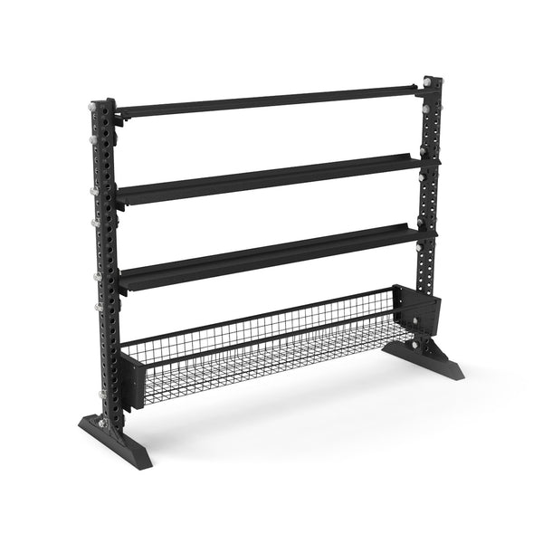 The SMAI 1.7m Multi Storage Shelf - Vanta Series is a black metal rack with three shelves, a wire mesh basket at the bottom, angled legs, and adjustable vertical posts.
