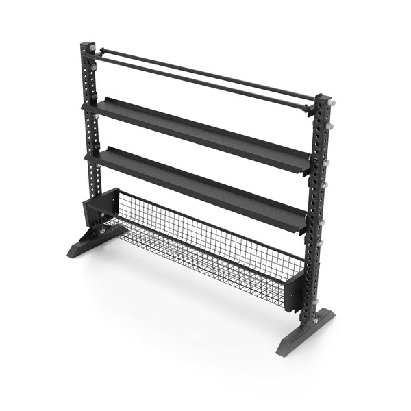 The SMAI 1.7m Multi Storage Shelf - Vanta Series is a black metal rack with three horizontal trays and a mesh basket at the bottom, supported by robust vertical frames and wide base, ideal for gym or fitness equipment storage.