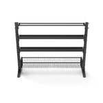 The SMAI 1.7m Multi Storage Shelf from the Vanta Series has a black metal frame, three shelves, three horizontal bars, and a wire mesh basket at the bottom—ideal for stylishly organizing your items.