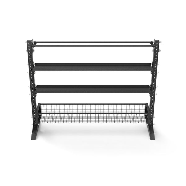 The SMAI 1.7m Multi Storage Shelf from the Vanta Series has a black metal frame, three shelves, three horizontal bars, and a wire mesh basket at the bottom—ideal for stylishly organizing your items.