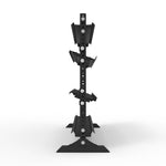 The SMAI Vanta Series 1.7m Dumbbell + Flat Shelf is a black metal rack with angled holders and a vertical central support featuring evenly spaced holes, shown from the front on a white background, offering efficient weight storage.