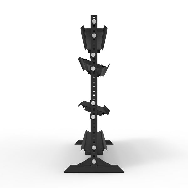The SMAI Vanta Series 1.7m Dumbbell + Flat Shelf is a black metal rack with angled holders and a vertical central support featuring evenly spaced holes, shown from the front on a white background, offering efficient weight storage.