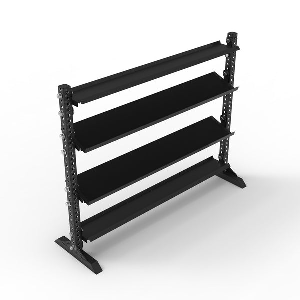 The SMAI 1.7m Dumbbell + Flat Shelf - Vanta Series is a black metal storage rack featuring four angled shelves for organizing, adjustable shelf placement via multiple frame holes, and two sturdy base supports.
