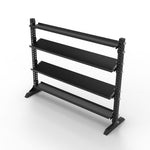 The SMAI 1.7m Dumbbell + Flat Shelf - Vanta Series is a black metal weight rack with four angled shelves and adjustable side supports, ideal as a dumbbell or gym equipment storage shelf, shown on a plain white background.