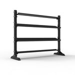 The SMAI 1.7m Dumbbell + Flat Shelf - Vanta Series is a black, four-tier metal rack with angled shelves, ideal for gym equipment storage. Shown on a white background.