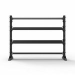 A black SMAI 1.7m Dumbbell + Flat Shelf from the Vanta Series, featuring four adjustable tiers, is displayed against a plain white background.