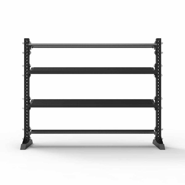 A black SMAI 1.7m Dumbbell + Flat Shelf from the Vanta Series, featuring four adjustable tiers, is displayed against a plain white background.