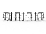 A row of SMAI's Vanta Series 4 Cell with 3 x Lat Pull Towers, featuring black gym power racks with barbells and pull-up bars, symmetrically arranged against a plain white backdrop.