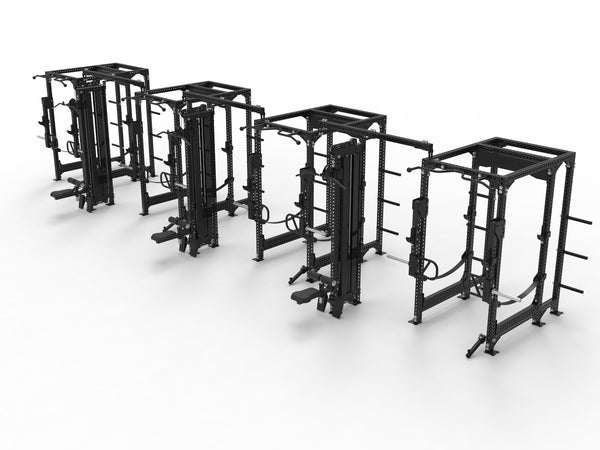 Five sleek gym power racks from SMAI's Vanta Series are lined up on a white background. The 4 Cell with 3 x Lat Pull Towers model features pull-up bars and weight plate storage, designed for diverse strength training exercises.