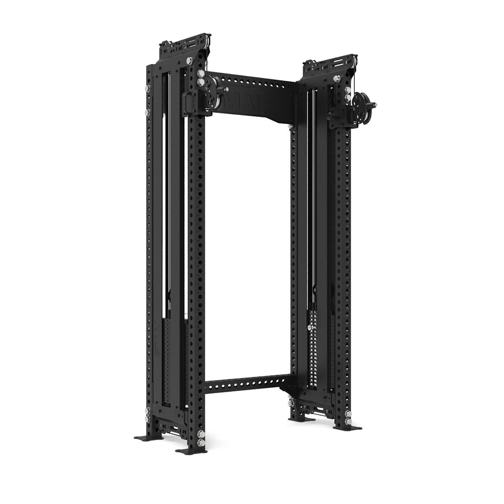 Introducing the SMAI Vanta Series Functional Trainer with Dual Cable Stacks, featuring a sturdy black structure with multiple holes for adjustable attachments. Its industrial design is ideal for strength training exercises such as squats and bench presses, offering a compact and seamless workout experience.