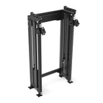 Introducing the SMAI Functional Trainer with Dual Cable Stacks from the Vanta Series—a black metal power rack with adjustable attachments through multiple holes. This compact equipment is ideal for weightlifting and strength training exercises, showcased against a clean white background.