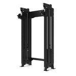 Introducing the SMAI Functional Trainer with Dual Cable Stacks - Vanta Series: a sleek, black, freestanding cable crossover machine. This compact trainer features dual cable stacks with four vertical posts and multiple adjustable pulleys. It comes equipped with numerous holes for hardware adjustments, making it perfect for versatile strength training exercises.