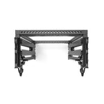 The front view showcases the Functional Trainer with Dual Cable Stacks from SMAI's Vanta Series, featuring a sleek black metal rack frame complete with multiple horizontal support beams and wheels at the base. It comes equipped with dual cable stacks, a perforated top rail, and adjustable side brackets, making it perfect for equipment storage or use as a compact functional trainer.