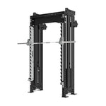 A black Smith Machine from the SMAI Vanta Series, featuring a compact and sturdy design with adjustable safety catches for holding a metal barbell. This functional trainer includes dual cable stacks and offers multiple holes for height adjustments, making it perfect for weightlifting and strength training exercises.