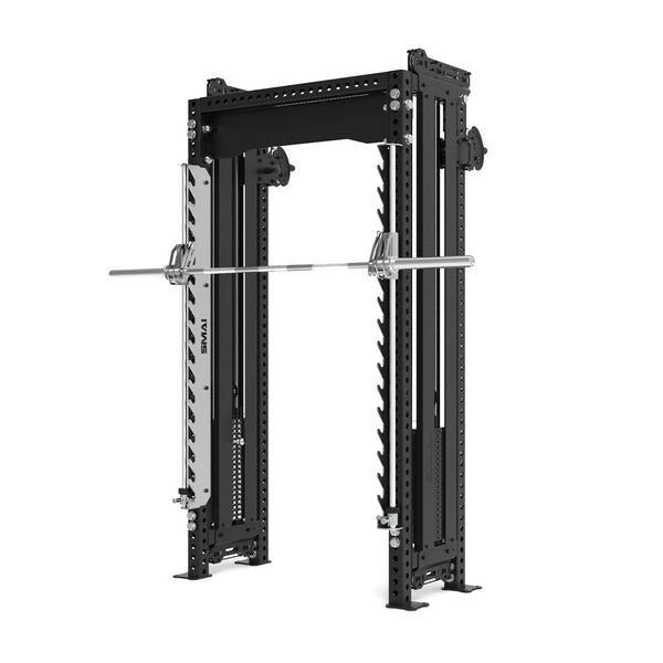 A black Smith Machine from the SMAI Vanta Series, featuring a compact and sturdy design with adjustable safety catches for holding a metal barbell. This functional trainer includes dual cable stacks and offers multiple holes for height adjustments, making it perfect for weightlifting and strength training exercises.