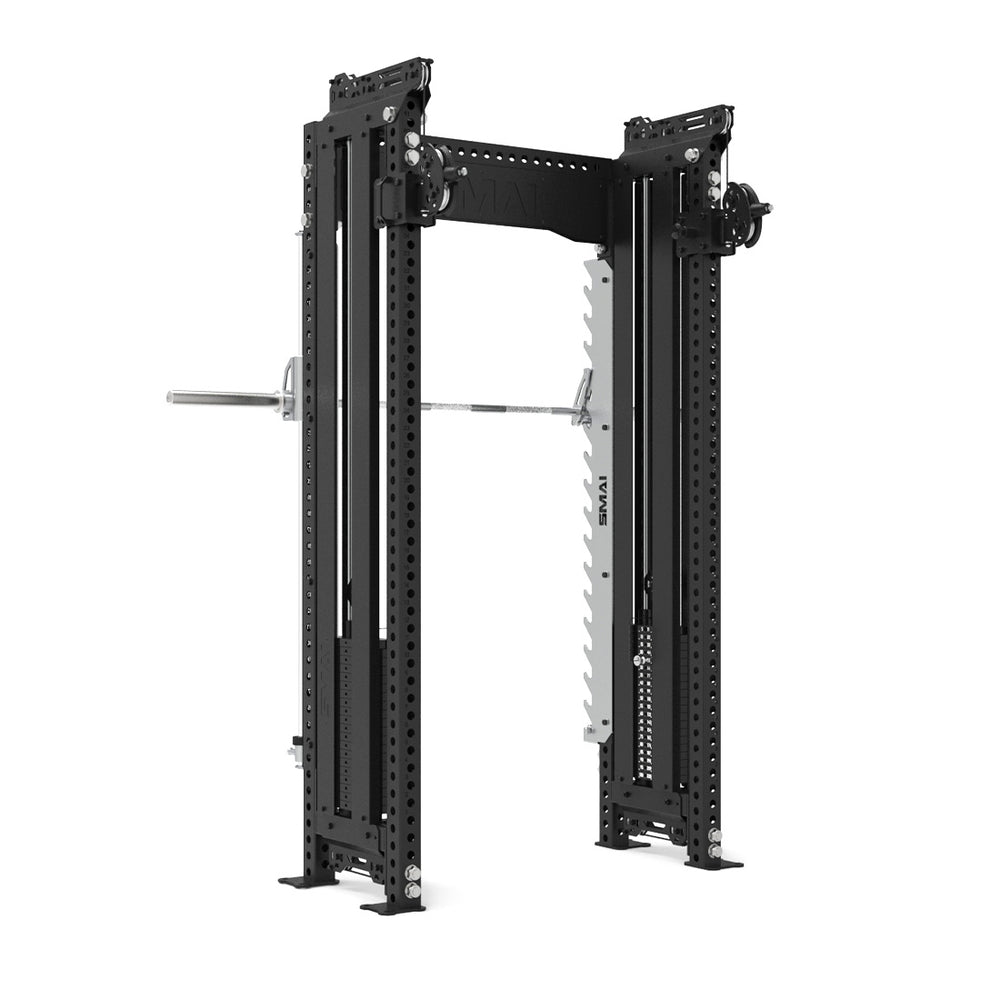 Introducing the SMAI Functional Trainer Dual Cable Stacks & Smith Machine from the Vanta Series, a sleek black adjustable power rack featuring multiple holes and attachments. It comes with a silver horizontal barbell in the center. This compact strength training equipment is designed to fit into smaller spaces and is presented on a white background.