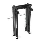 The Functional Trainer Dual Cable Stacks & Smith Machine - Vanta Series by SMAI boasts adjustable safety bars and a mounted barbell with a sleek black and silver finish. Its durable Smith Machine design includes side holes for height adjustments, making it perfect for heavy lifting and a seamless addition to your functional trainer setup.