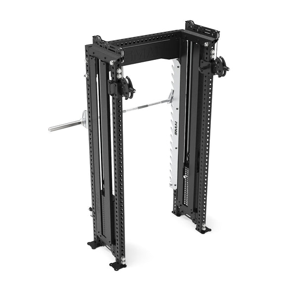 The Functional Trainer Dual Cable Stacks & Smith Machine - Vanta Series by SMAI boasts adjustable safety bars and a mounted barbell with a sleek black and silver finish. Its durable Smith Machine design includes side holes for height adjustments, making it perfect for heavy lifting and a seamless addition to your functional trainer setup.