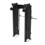 Introducing the SMAI Functional Trainer Dual Cable Stacks & Smith Machine from the Vanta Series, featuring a sleek black design with adjustable pulleys and a storage rack for weights. This sturdy metal construction is perfect for strength training exercises, providing both versatility and durability.