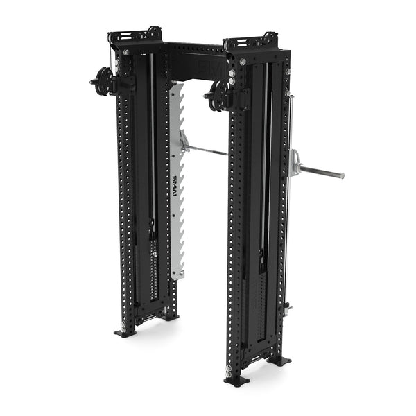 Introducing the SMAI Functional Trainer Dual Cable Stacks & Smith Machine from the Vanta Series, featuring a sleek black design with adjustable pulleys and a storage rack for weights. This sturdy metal construction is perfect for strength training exercises, providing both versatility and durability.