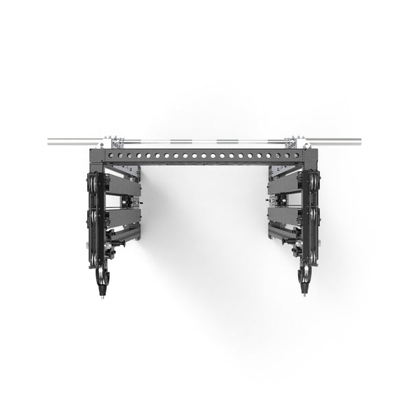 The Functional Trainer Dual Cable Stacks & Smith Machine from the SMAI Vanta Series presents a symmetrical mechanical structure that resembles a compact rack. It showcases two black, ladder-like arms suspended horizontally and includes metal rods and perforated plates, making it suitable for industrial or robotic applications. The product is set against a white background.