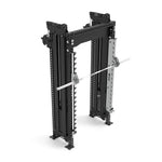 The Vanta Series Functional Trainer Dual Cable Stacks & Smith Machine by SMAI features a sleek black metal frame with adjustable safety bars and a loaded barbell, ideal for weightlifting exercises like squats and bench presses. It's perfect for home gyms aiming for efficient space utilization.