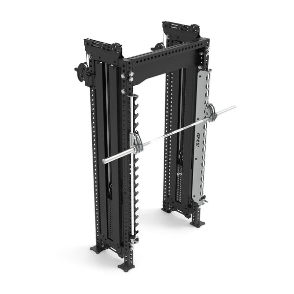 The Vanta Series Functional Trainer Dual Cable Stacks & Smith Machine by SMAI features a sleek black metal frame with adjustable safety bars and a loaded barbell, ideal for weightlifting exercises like squats and bench presses. It's perfect for home gyms aiming for efficient space utilization.