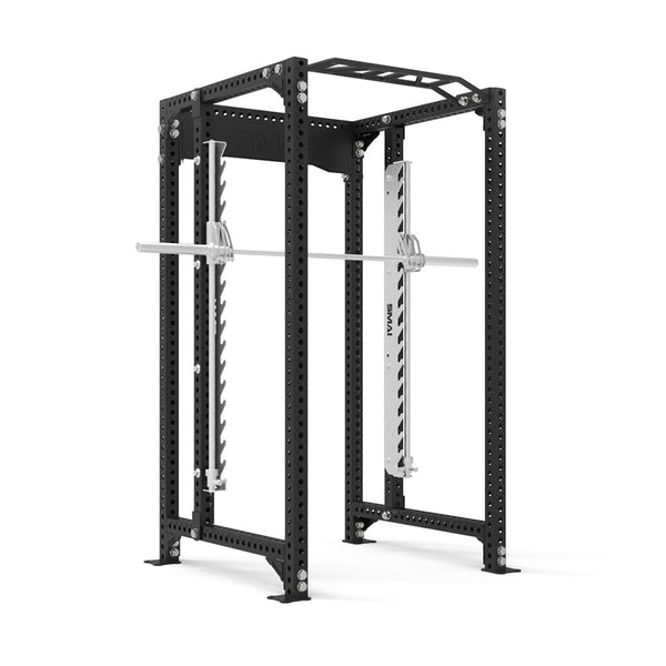 The SMAI Power Rack with Smith Machine - Vanta Series is a black and silver steel strength trainer with a barbell fixed to vertical guide rails in a sturdy, open-frame design.