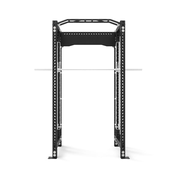 The SMAI Power Rack with Smith Machine - Vanta Series features a black metal frame, multiple adjustment holes, and a top pull-up bar, shown front-facing on a white background—perfect for strength training routines.