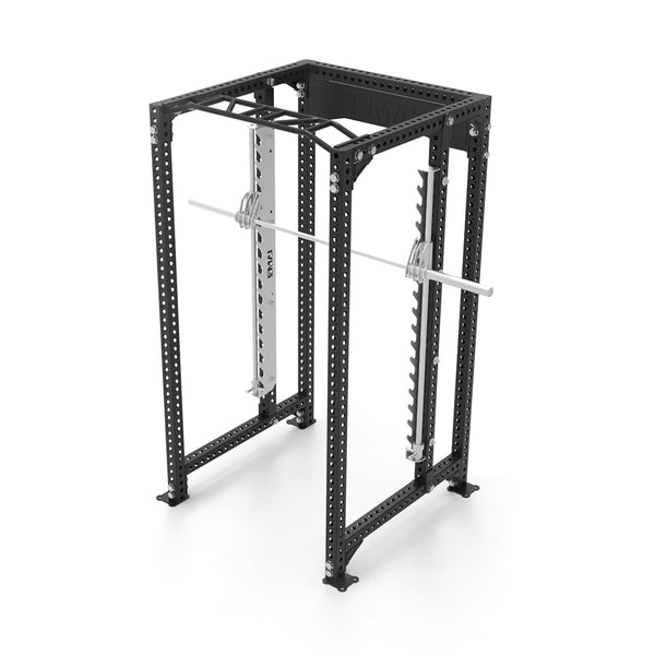 The SMAI Power Rack with Smith Machine - Vanta Series is a black metal rack with notched supports and a silver barbell, featuring multiple holes for adjustable heights, ideal for strength training exercises.