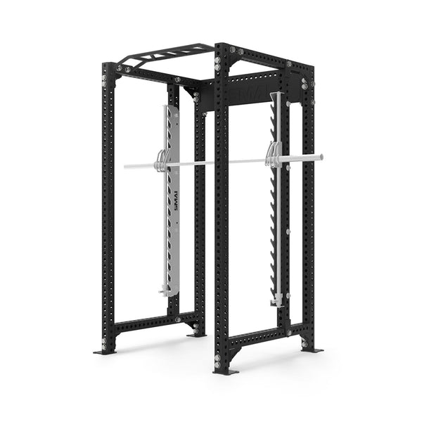 The SMAI Power Rack with Smith Machine - Vanta Series is a sturdy black rack featuring a silver barbell set at mid-height, multiple adjustment holes, and a pull-up bar—ideal for strength training exercises like squats and bench presses.