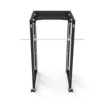 The SMAI Power Rack with Smith Machine - Vanta Series features a black metal frame and horizontal silver barbell, designed for strength training and weightlifting, shown against a white background.