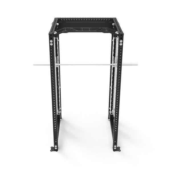 The SMAI Power Rack with Smith Machine - Vanta Series features a black metal frame and horizontal silver barbell, designed for strength training and weightlifting, shown against a white background.