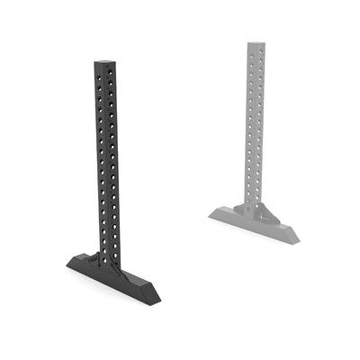 SMAI’s Vanta Series Storage Legs (Single) 1.1m: modular metal stands with multiple holes and wide angled bases in solid black and light gray semi-transparent finishes, shown upright on a white background.