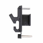 The SMAI 2-in-1 Isometric Cup / J-Hook Utility for Vanta Series Power Racks is a black, L-shaped metal bracket with two silver rods, shown in side view against a white background.