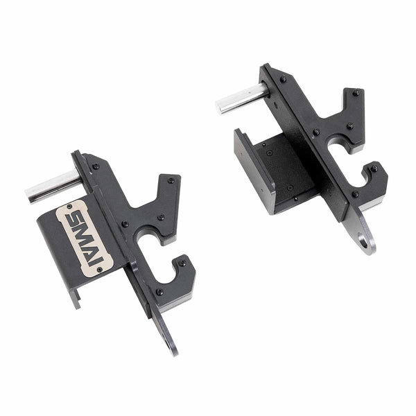 Two black SMAI 2-in-1 Isometric Cup/J-Hook Utilities with silver pins, labeled "SMAI," are shown side by side on a white background. Designed for mounting or holding equipment on Vanta Series Power Racks.