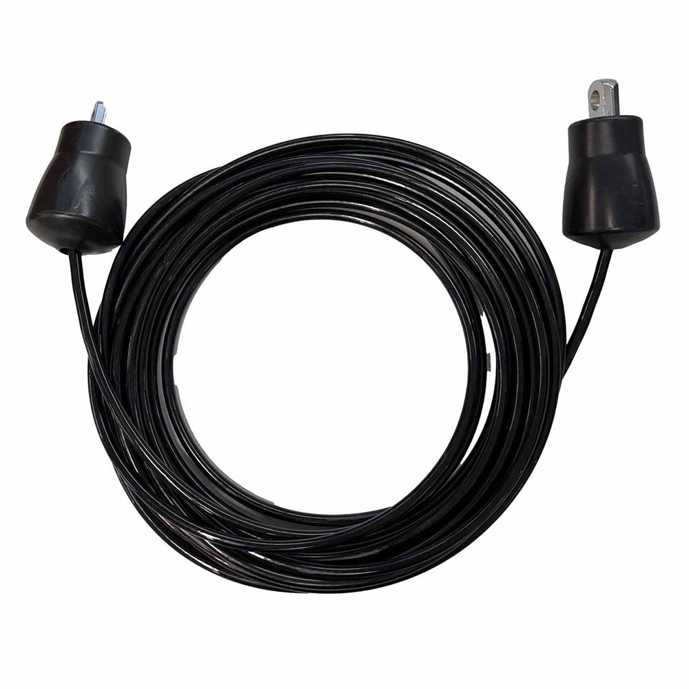 Coiled black Replacement Cable for Vanta Series Cable Conversion Kit - Lat Pull Cable, featuring metal attachment fittings and rubber stoppers at both ends.