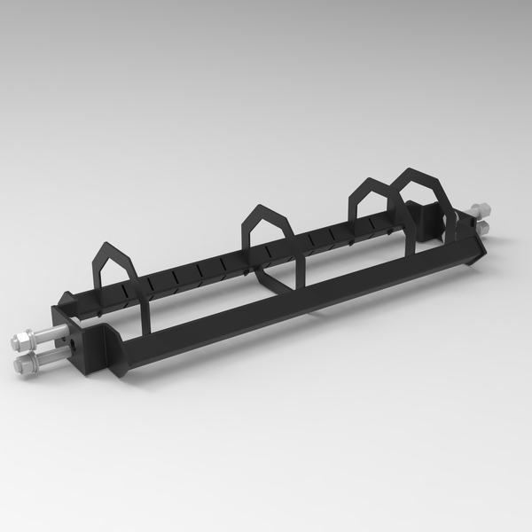 The SMAI Bumper Plate Toaster Storage Shelf—108cm from the Vanta Series is displayed on a plain light background, showcasing its black metal build, four angled handles, hex bolts at each end, and segmented base designed for efficient bumper plate storage.