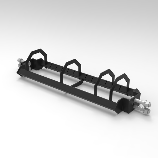 A black metal Bumper Plate Toaster Storage Shelf (108cm) from the SMAI Vanta Series, featuring four angular hand grips and bolts on each end, designed for use with fitness or gym equipment, displayed against a plain white background.