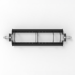 A black, rectangular metal frame with bolts and cylindrical connectors at each end, the SMAI Bumper Plate Toaster Storage Shelf - 108cm from the Vanta Series is shown from above against a white background, offering an efficient bumper plate storage solution.