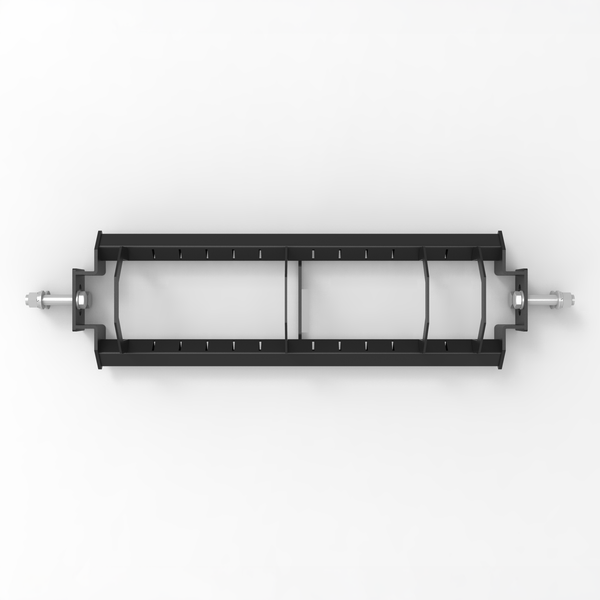 A black, rectangular metal frame with bolts and cylindrical connectors at each end, the SMAI Bumper Plate Toaster Storage Shelf - 108cm from the Vanta Series is shown from above against a white background, offering an efficient bumper plate storage solution.