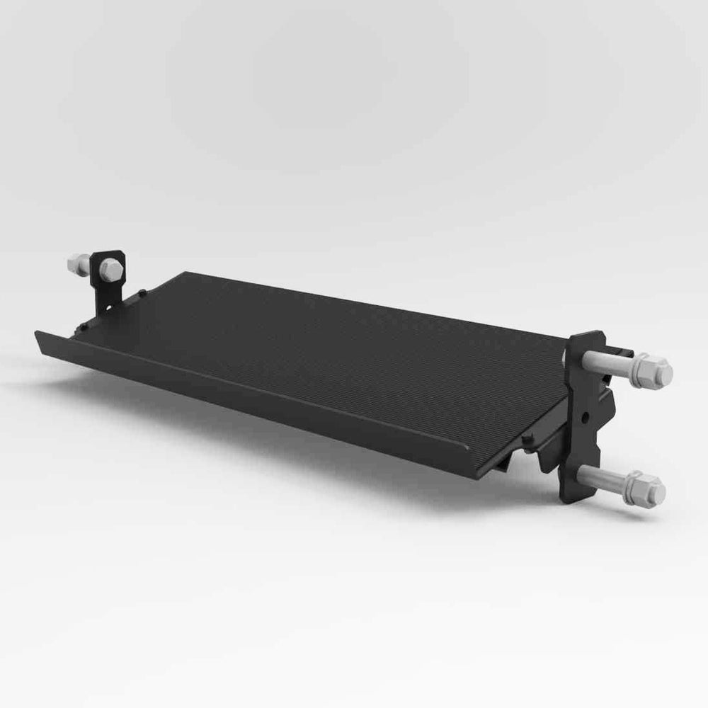 The SMAI Dumbbell Shelf - 108cm (Vanta Series) is a black, rectangular metal component designed with an angled profile, featuring bolts and mounting brackets at each end—perfect for seamlessly adding efficient dumbbell storage to your Vanta Series power rack.