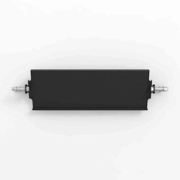 A SMAI Dumbbell Shelf-108cm from the Vanta Series, featuring a black rectangular metal design with silver cylindrical connectors on both ends, is displayed on a white background.
