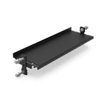 The SMAI Flat Shelf 108cm - Vanta Series is a black metal mounting bracket with bolts and angled supports, perfect for securing a rubber-coated shelf or expanding power rack storage in commercial gyms.