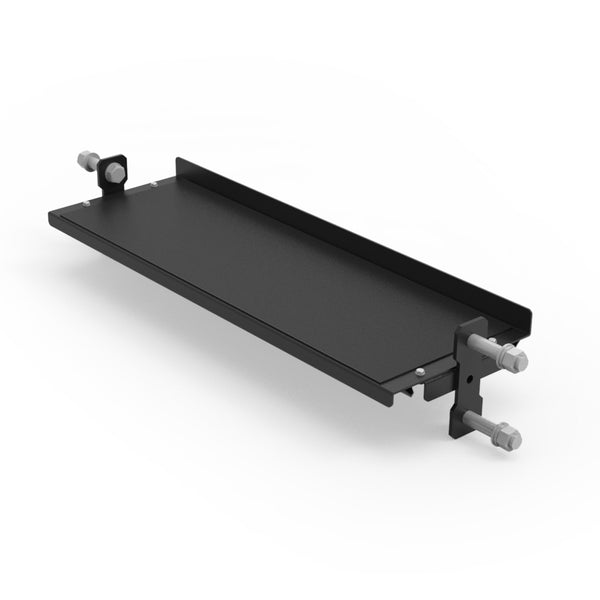 The SMAI Flat Shelf 108cm - Vanta Series is a black metal mount ideal for power rack storage, with bolts and nuts at both ends, a flat base, and raised longer edges, displayed against a white background.