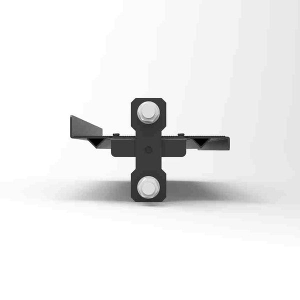 Front view of the SMAI Flat Shelf R20 - 108cm from the Vanta Series, featuring a black metal bracket with two visible bolts and two angled flanges on each side, designed for secure installation in commercial gym storage systems or as part of a power rack shelf, set against a plain white background.